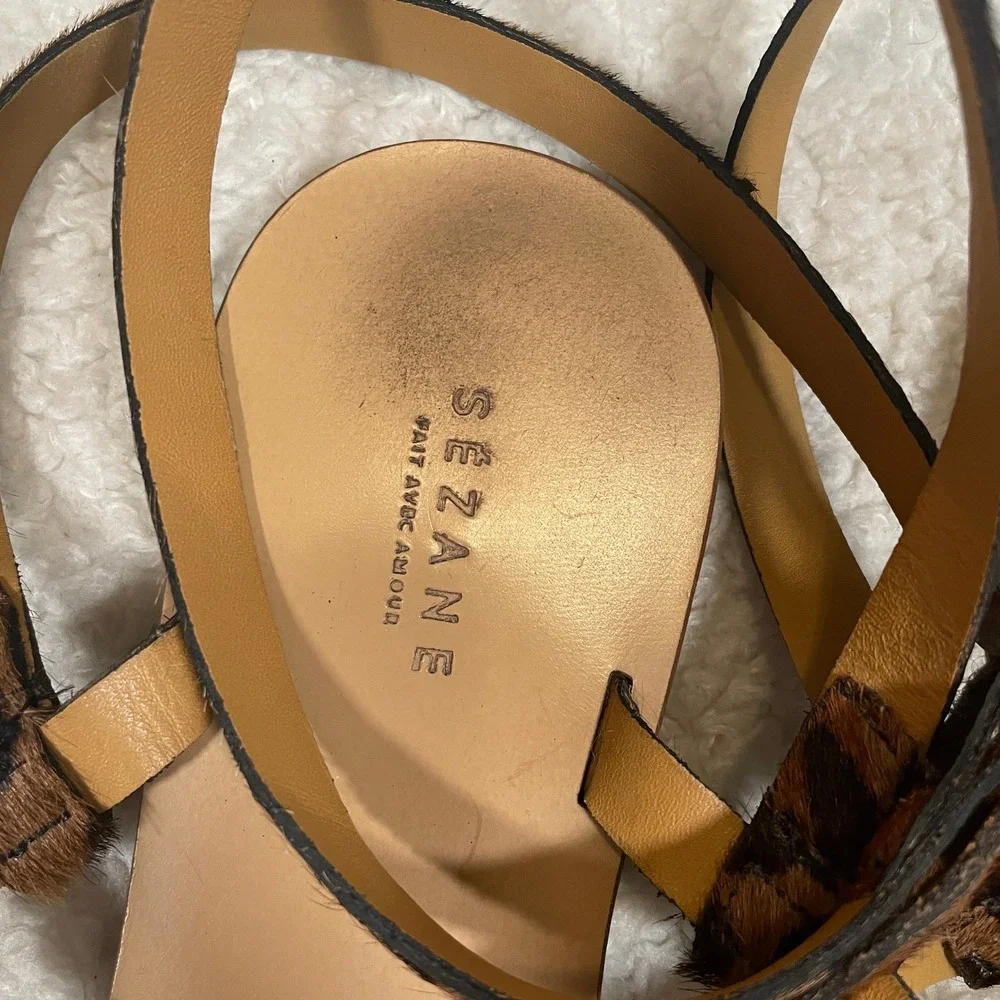 Sezane Leopard Print Sandals Calf Hair Leather Ankle Strap Flat Tan Size 37 US 6